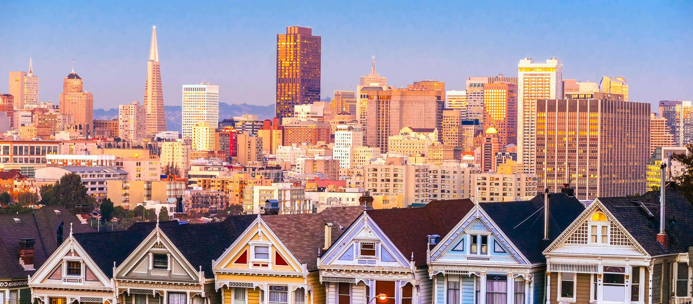 san francisco gingerbread victorian homes with city skyline